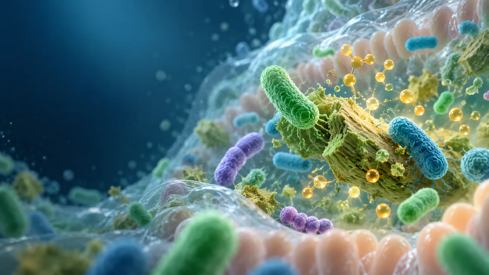Illustration of plant fiber interacting with a diverse gut microbiome
