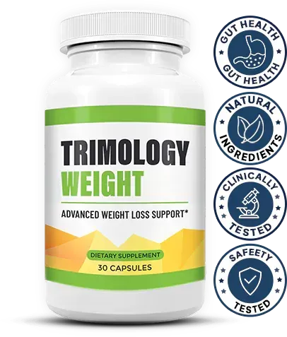 Trimology bottle beside supplied badges for gut health, natural ingredients, clinical testing, and safety testing