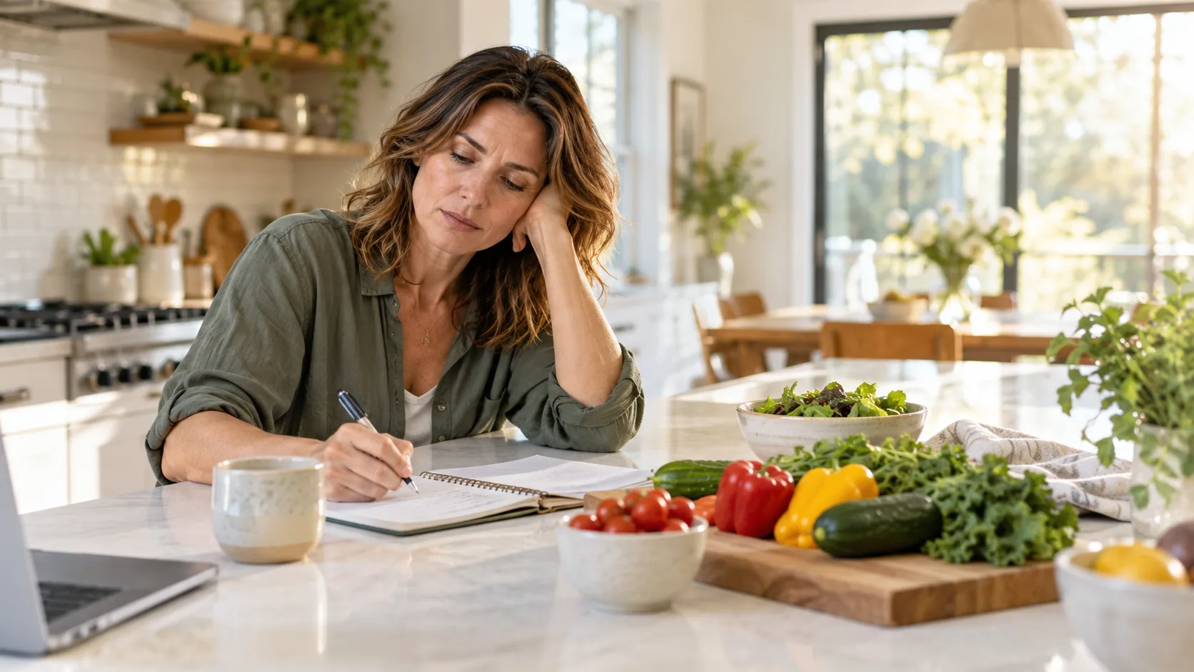 Woman planning a balanced wellness routine while feeling tired